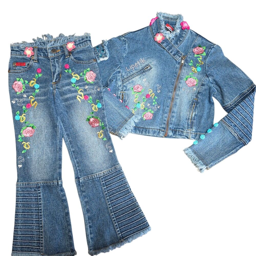 Lipstik Jeans & Denim Moto Jacket Set Size 5 Light Wash Floral Boutique Samples